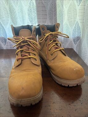 Ozark Trail Tan Work Boots with Yellow/Red Contrast Laces